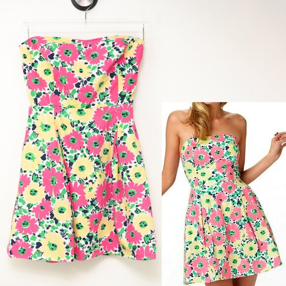 Lilly Pulitzer Felicity Dress Doodle Bug Daisy Floral Strapless Fit Flare 12 - Picture 1 of 7